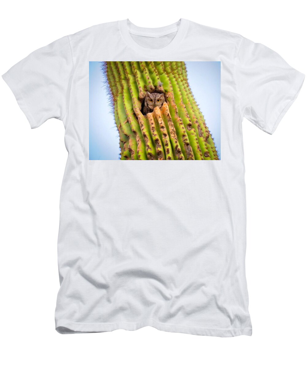 Animals T-Shirt featuring the photograph Screech Owl in Saguaro by Judy Kennedy