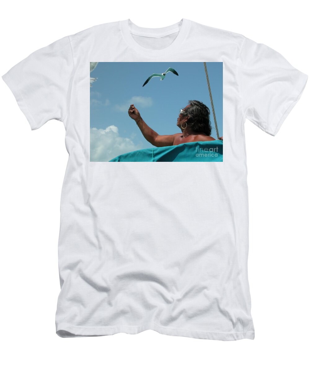 Belize T-Shirt featuring the photograph Seagull Whisperer by Jim Goodman