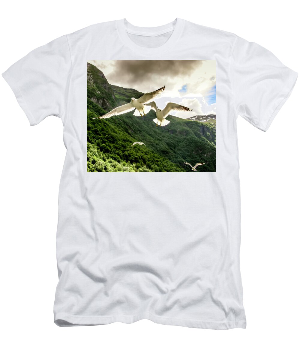 Seagull T-Shirt featuring the photograph Seagulls over the Fjord by KG Thienemann