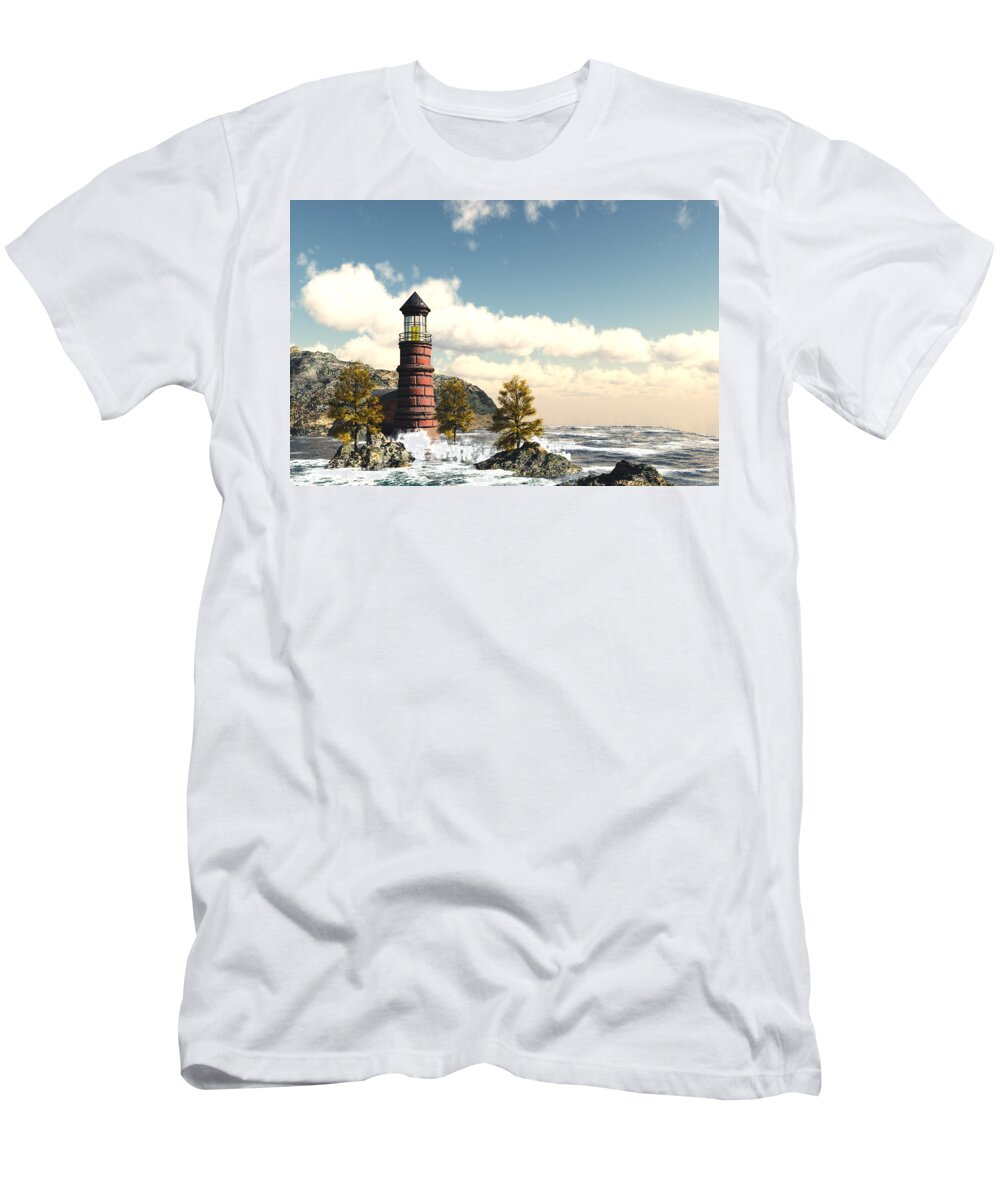 Lighthouse Seaside Dream With Crashing Waves On Rocks T-Shirt featuring the digital art Lighthouse seaside dream by John Junek
