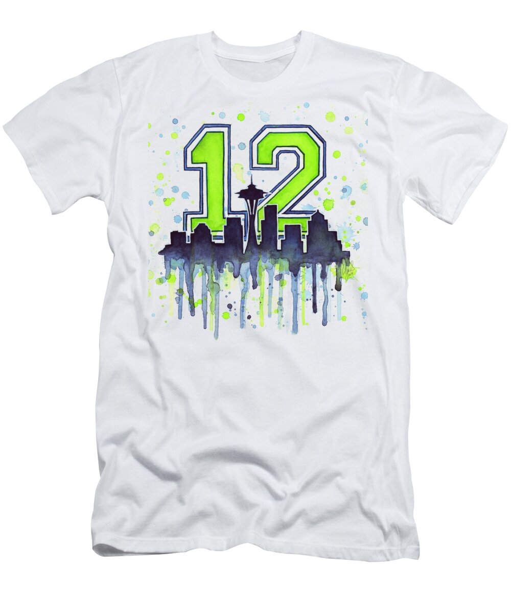 Seattle T-Shirt featuring the painting Seattle Seahawks 12th Man Art by Olga Shvartsur