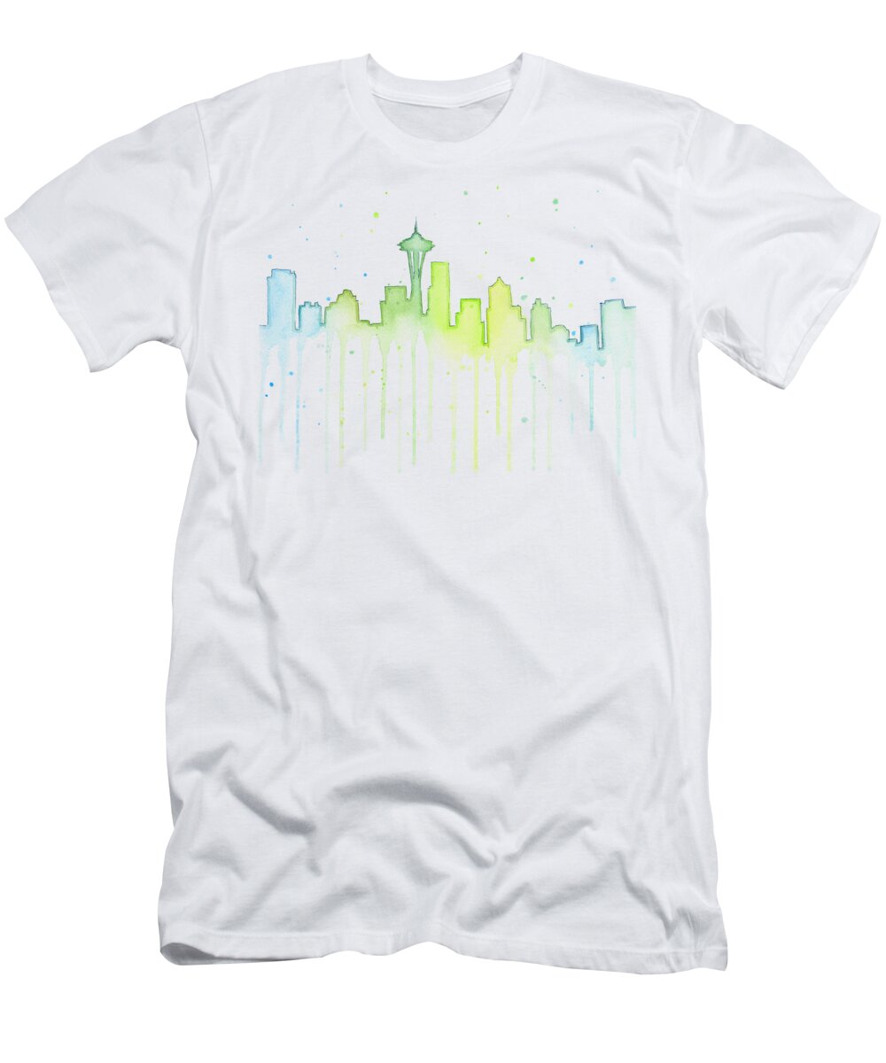 Seattle T-Shirt featuring the painting Seattle Skyline Watercolor by Olga Shvartsur