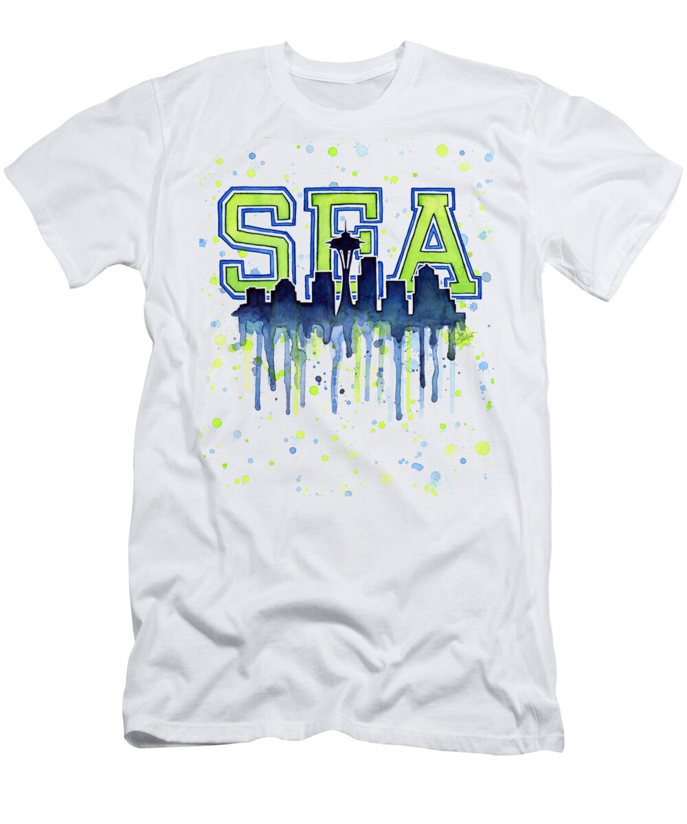 Watercolor T-Shirt featuring the painting Seattle Watercolor 12th Man Art Painting Space Needle Go Seahawks by Olga Shvartsur