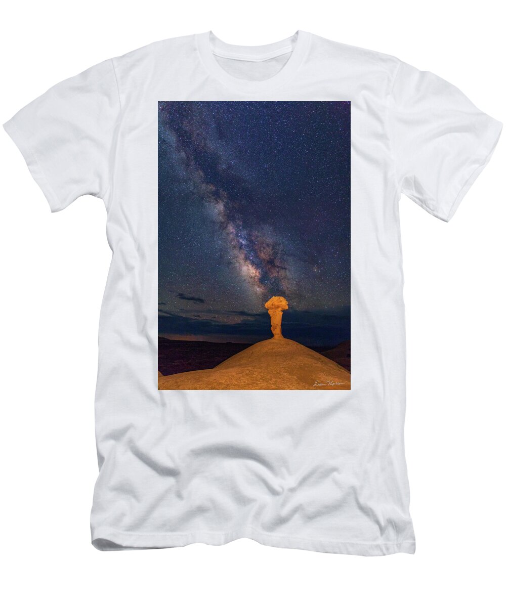 Moab T-Shirt featuring the photograph Secret Spire and The Milky Way Vertical by Dan Norris