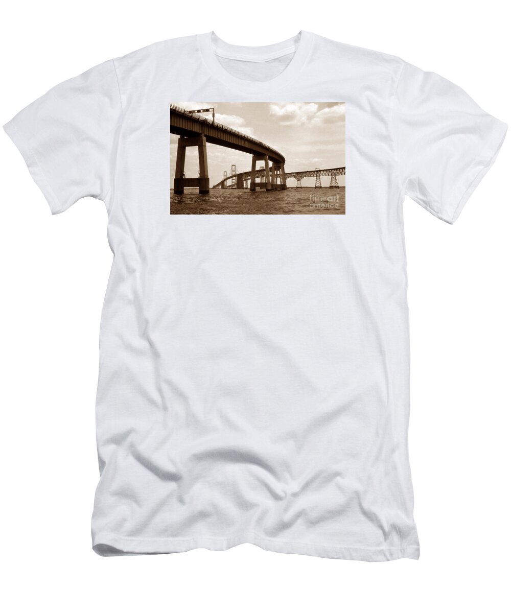 Maritime T-Shirt featuring the photograph Sepia Chesapeake Bay Bridge by Skip Willits