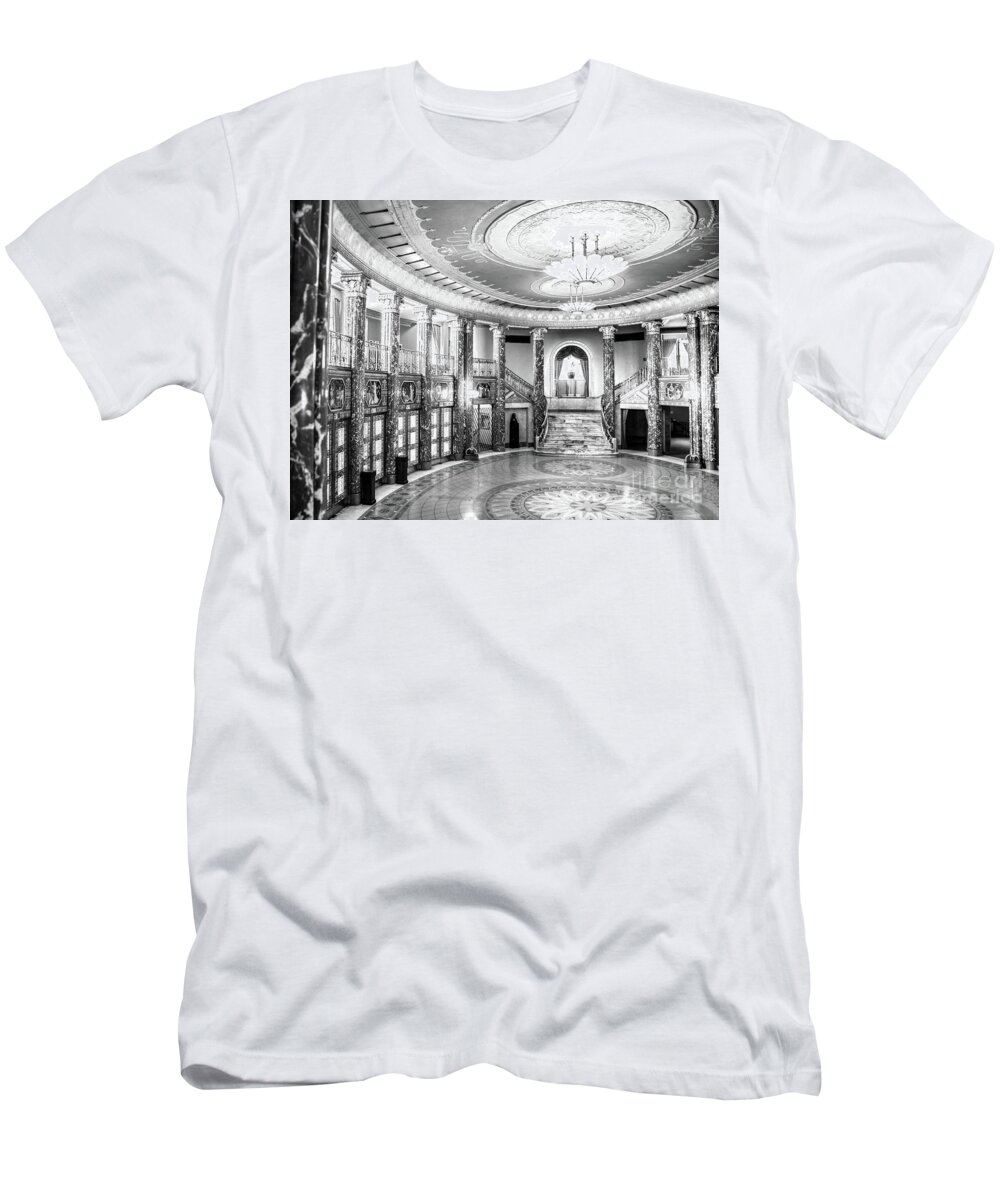 Severance Hall-cleveland Skyline-iconic Buildings-university Circle-buildings-wade Park-music Hall-historical Concert Hall-home Of The Cleveland Orchestra-great Performances T-Shirt featuring the photograph Severance Hall lobby BW by Joseph Miko