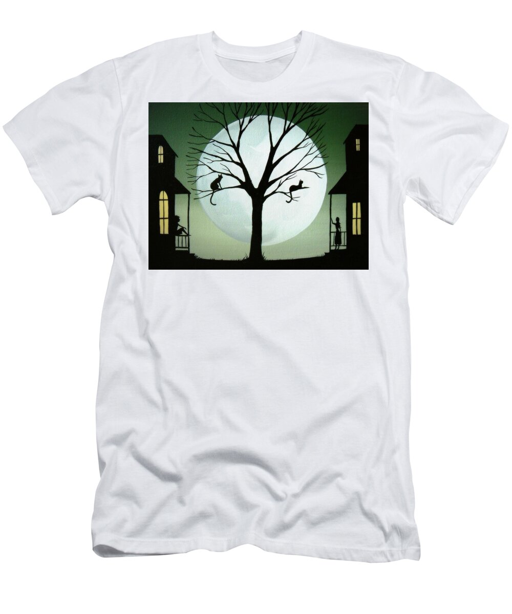 Folk Art T-Shirt featuring the painting Sharing The Moon - cat silhouette art by Debbie Criswell
