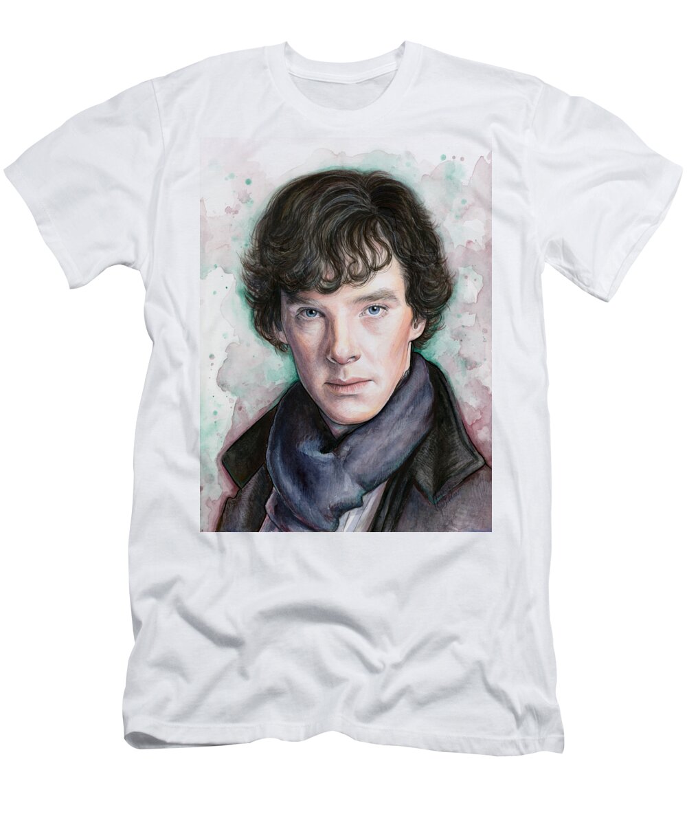 Sherlock T-Shirt featuring the painting Sherlock Holmes Portrait Benedict Cumberbatch by Olga Shvartsur