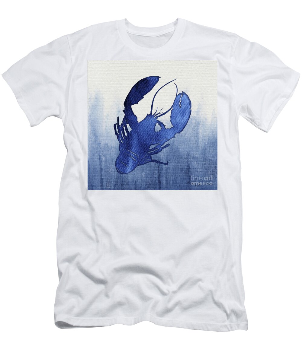 Lobster T-Shirt featuring the painting Shibori Blue 3 - Lobster over Indigo Ombre Wash by Audrey Jeanne Roberts