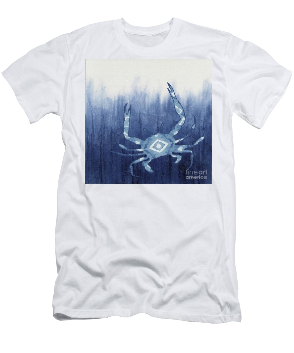 Blue Crab T-Shirt featuring the painting Shibori Blue 4 - Patterned Blue Crab over Indigo Ombre Wash by Audrey Jeanne Roberts