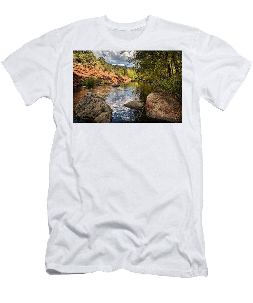 Creekside T-Shirt featuring the photograph Sitting Creekside Oak Creek by Saija Lehtonen
