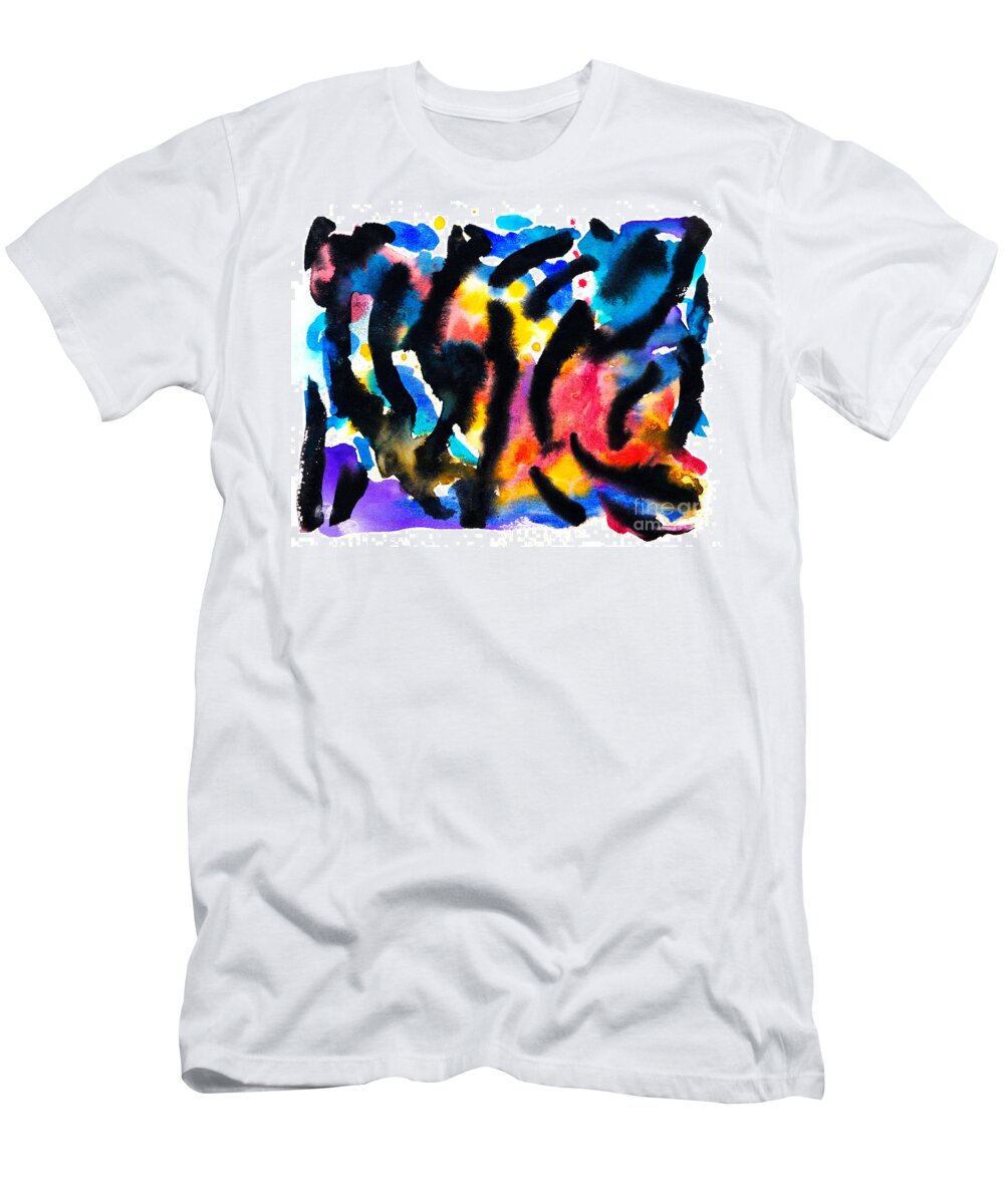 Original Bold Vibrant Stripey Contemporary Abstract Artwork On Paper.bright Blue Red Pink Yellow And A White Background. T-Shirt featuring the painting Sixteen by Priscilla Batzell Expressionist Art Studio Gallery