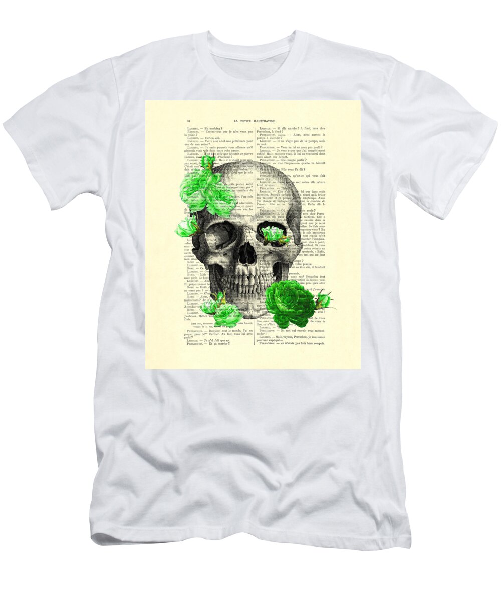 Skull T-Shirt featuring the digital art Skull and green roses illustration by Madame Memento