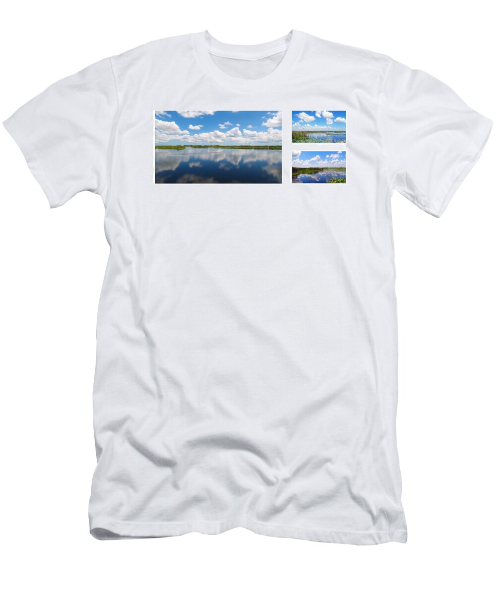 Art T-Shirt featuring the photograph Skyscape Reflections Blue Cypress Marsh Florida Collage 3 by Ricardos Creations