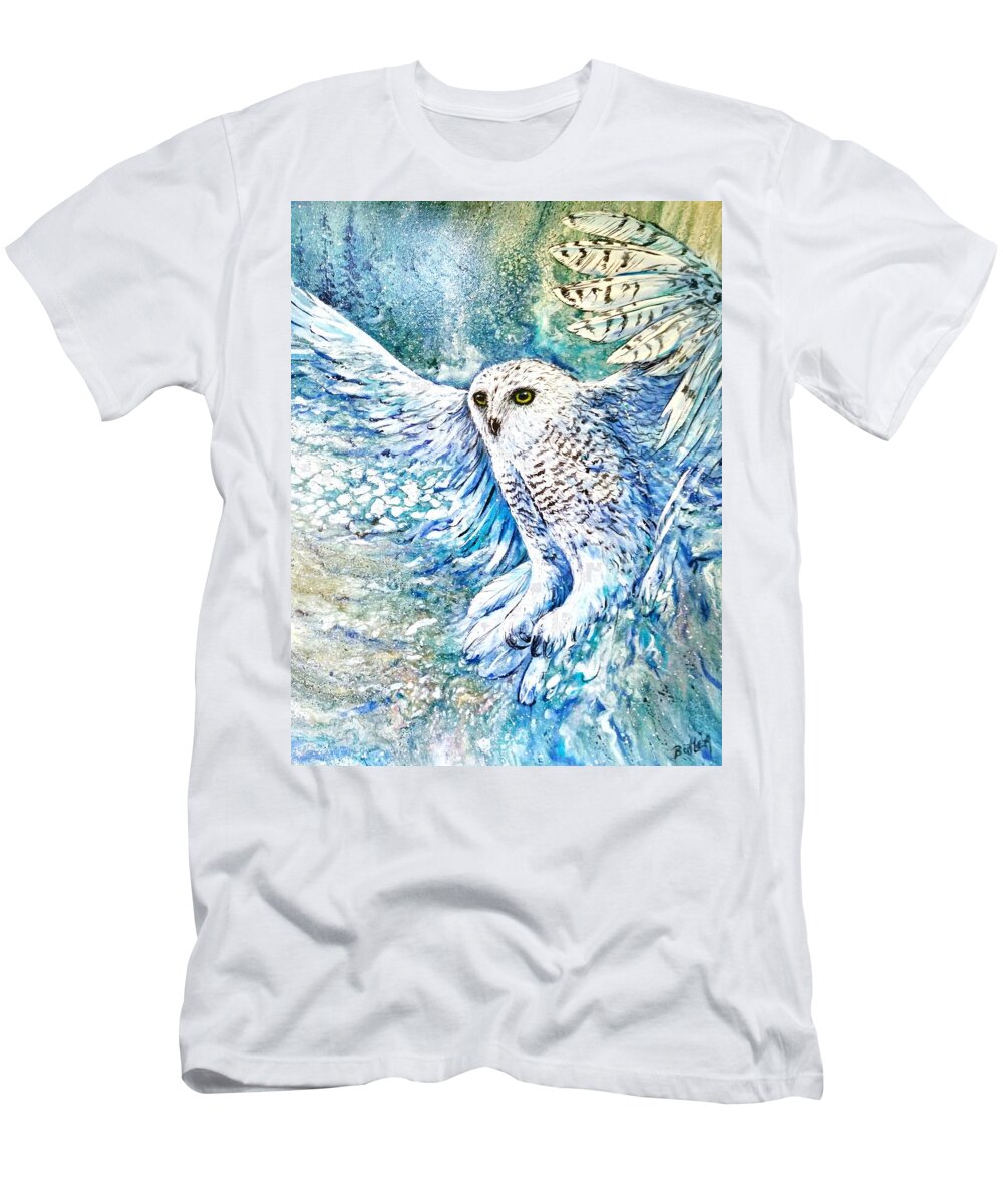 Owl Nature Snow T-Shirt featuring the painting Snow Spirit by Gail Butler