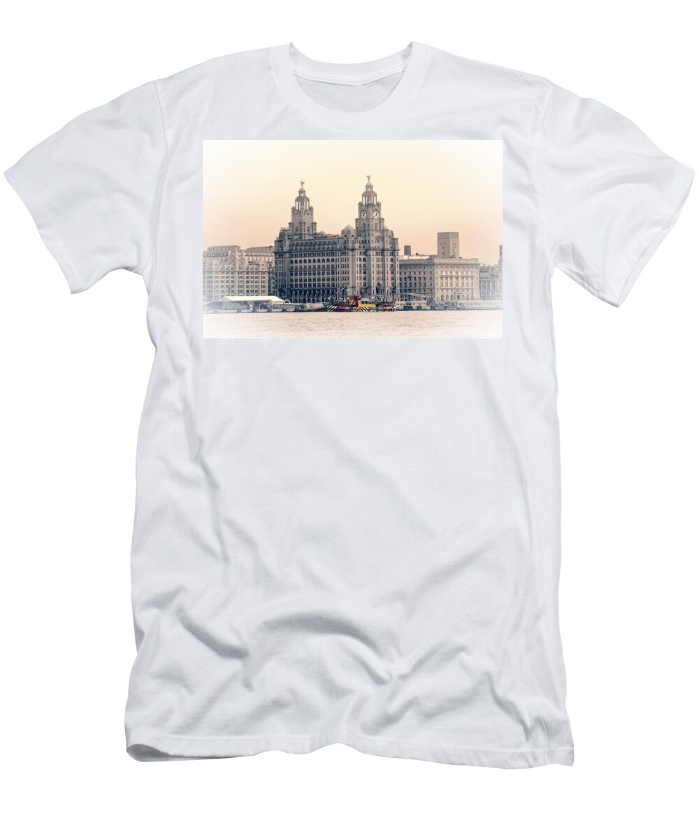 Pier T-Shirt featuring the photograph Snowdrop Dazzles in front of the Liverbirds by Spikey Mouse Photography