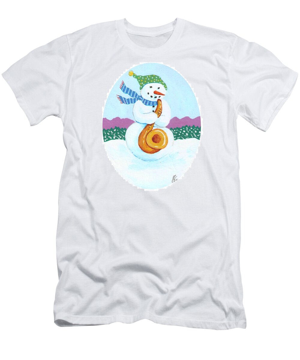 Snowman T-Shirt featuring the painting Snowman Sax Player by Jim Harris