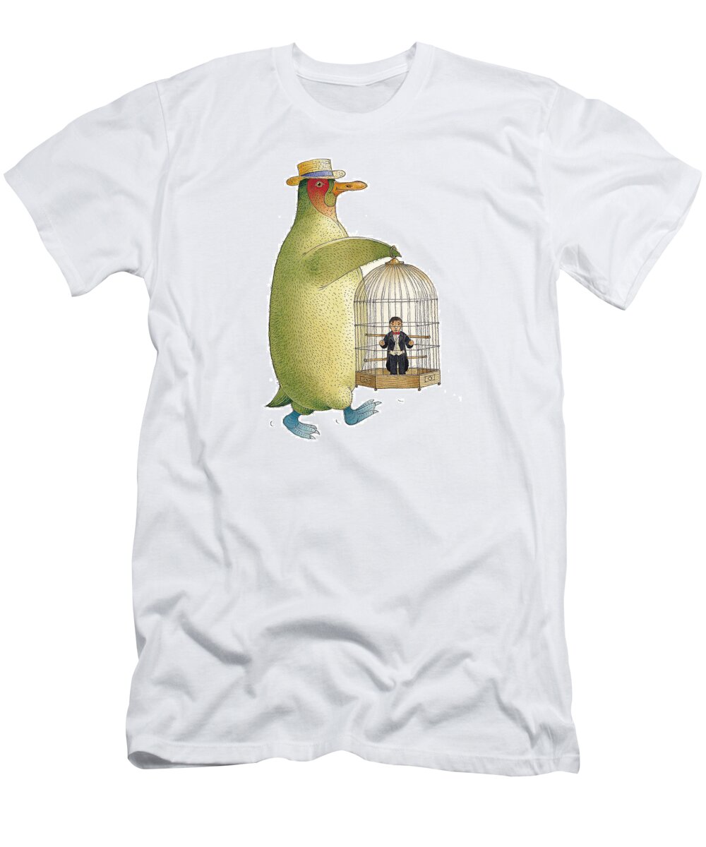 Birds Penguins Green Opera Song T-Shirt featuring the painting Songmen02 by Kestutis Kasparavicius