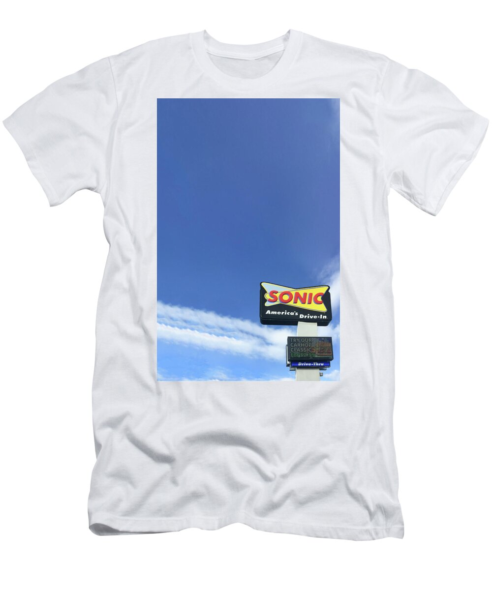 America's T-Shirt featuring the photograph Sonic Americas Drive In Dark Blue Sky by Bert Peake