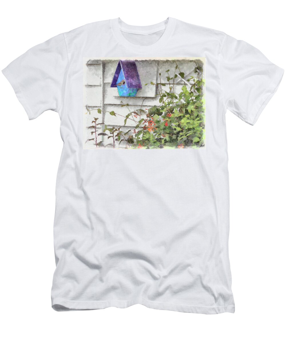 Nest T-Shirt featuring the digital art Sparrow At Home by Leslie Montgomery