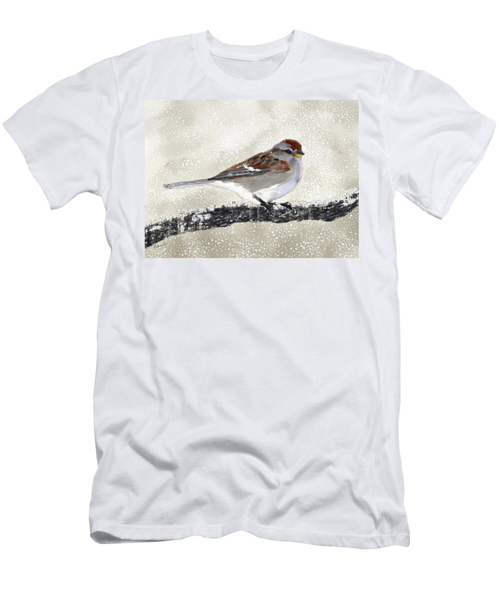 Sparrow T-Shirt featuring the painting Sparrow in the Snow by Diane Chandler