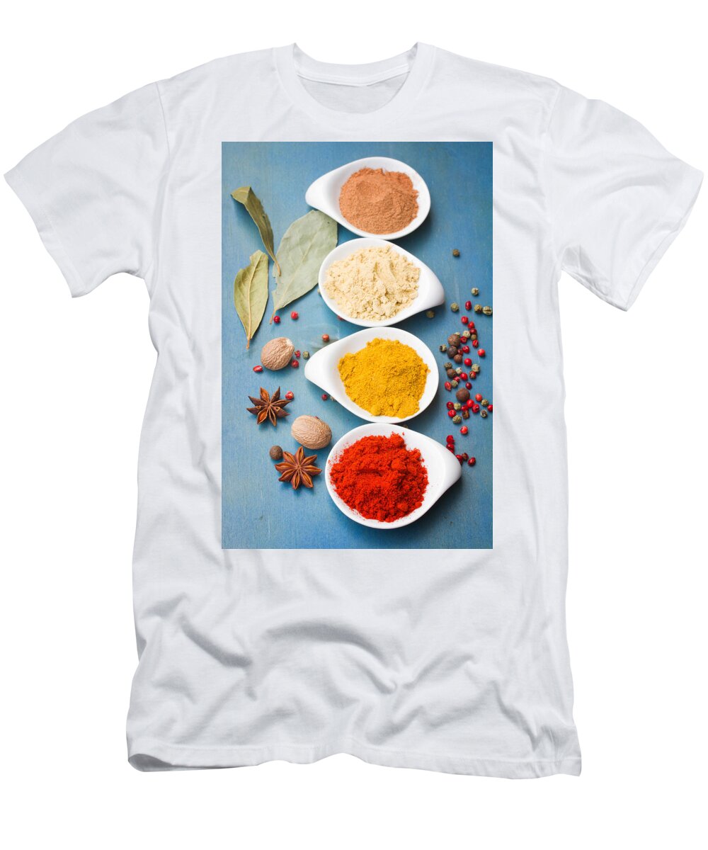 Pepper T-Shirt featuring the photograph Spices on Blue  by Anastasy Yarmolovich