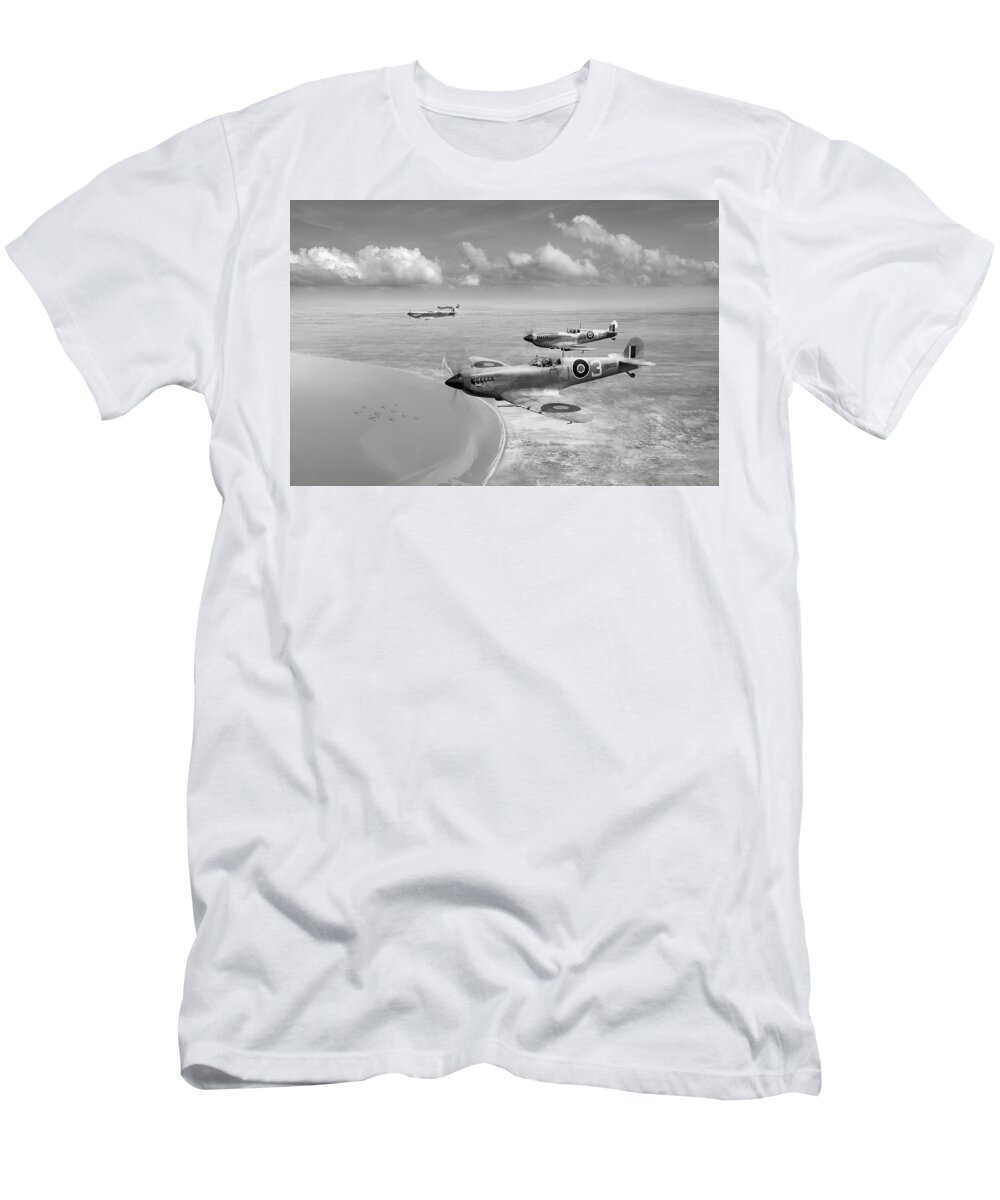 92 Squadron T-Shirt featuring the photograph Spitfires over Tunisia black and white version by Gary Eason