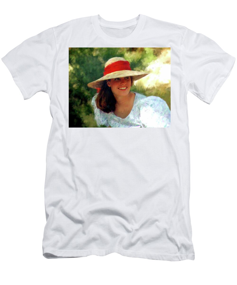 Girl Spring Hat Joy T-Shirt featuring the digital art Spring Joy by Murry Whiteman
