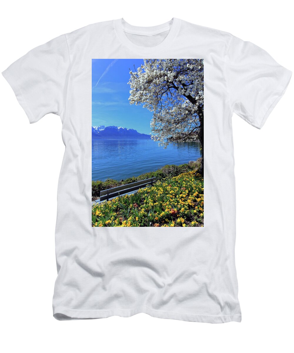 Montreux T-Shirt featuring the photograph Springtime at Geneva or Leman lake, Montreux, Switzerland by Elenarts - Elena Duvernay photo