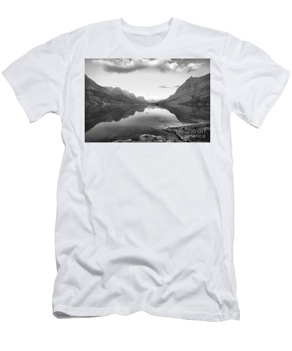 St Mary Lake T-Shirt featuring the photograph St Mary Lake Clouds And Calm Water Black And White by Adam Jewell