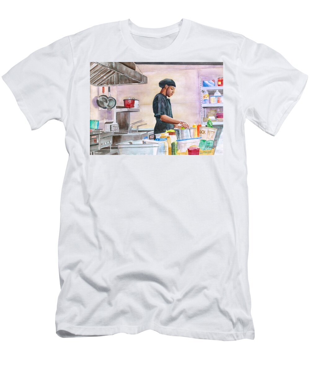 Watercolor Painting T-Shirt featuring the painting St Thomas Chef Kareem by Carol Flagg