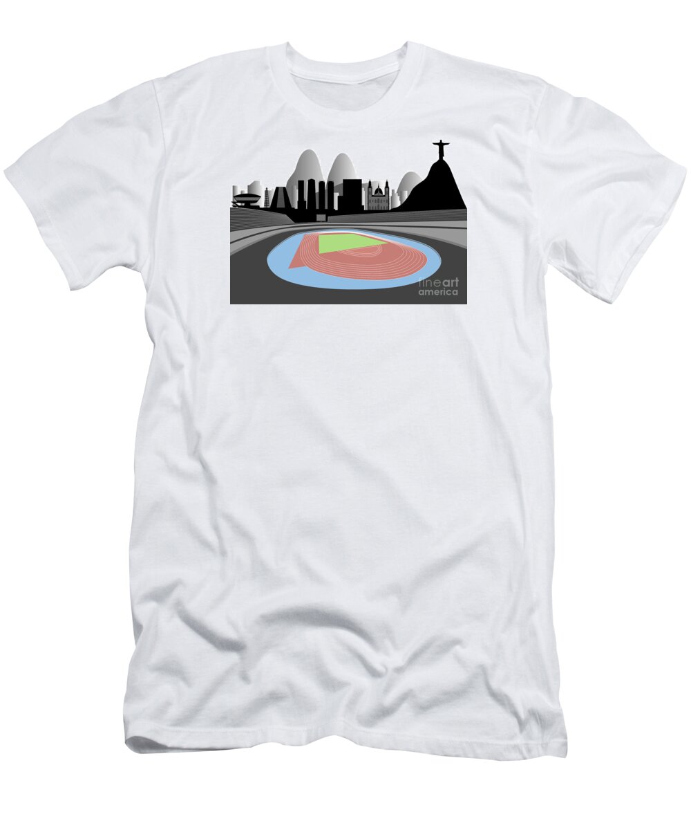 Brazil T-Shirt featuring the digital art Stadium With Rio Skyline On The Horizon by Michal Boubin