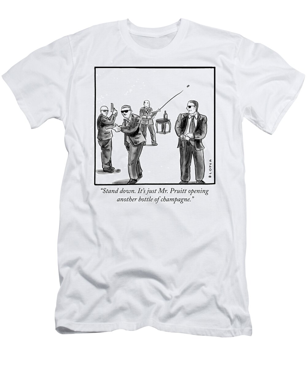 Stand Down. It's Just Mr. Pruitt Opening Another Bottle Of Champagne. T-Shirt featuring the drawing Stand Down by Brendan Loper