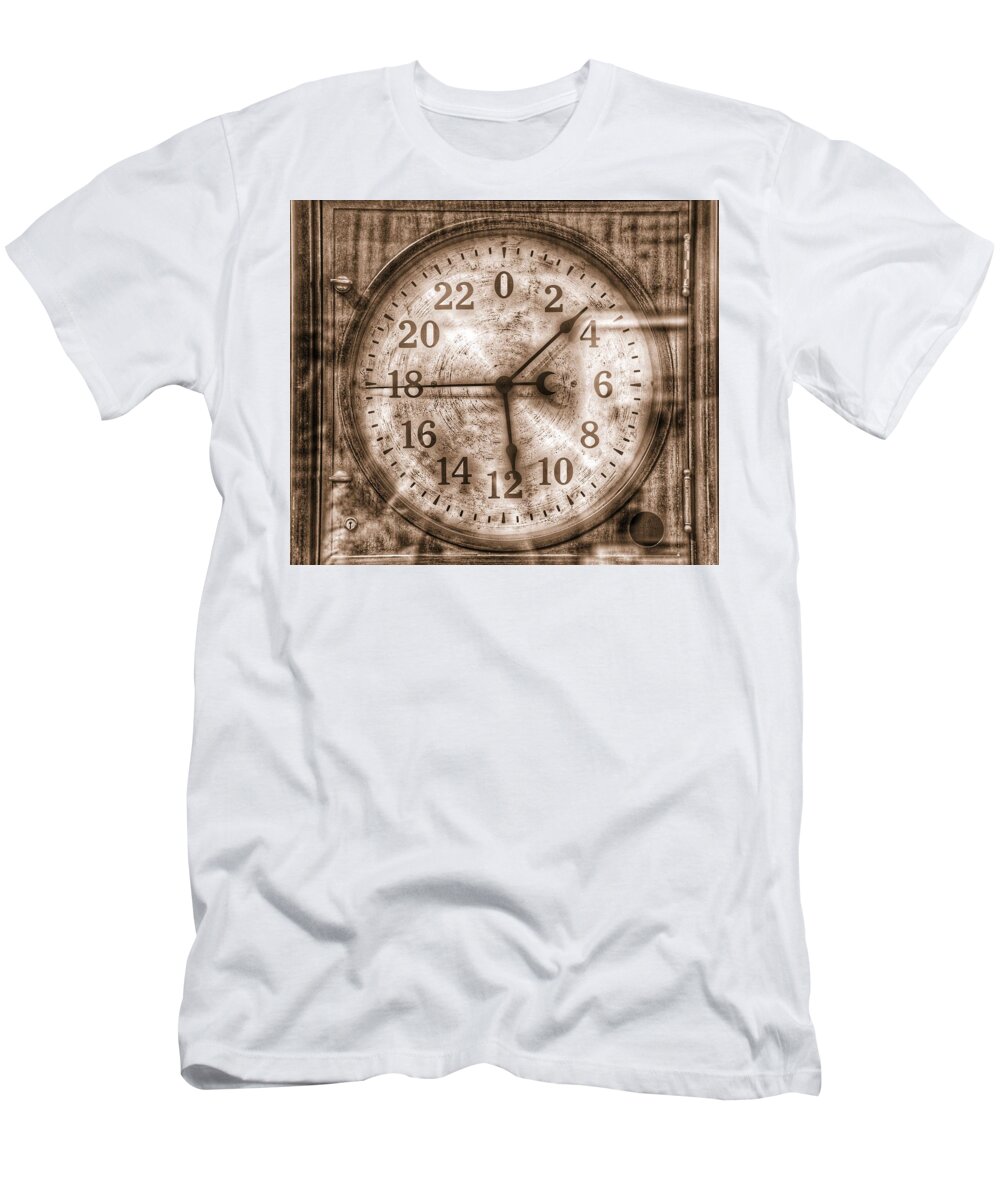 Steampunk T-Shirt featuring the photograph Steampunk - 24 Hour Antique Clock Sepia by Marianna Mills
