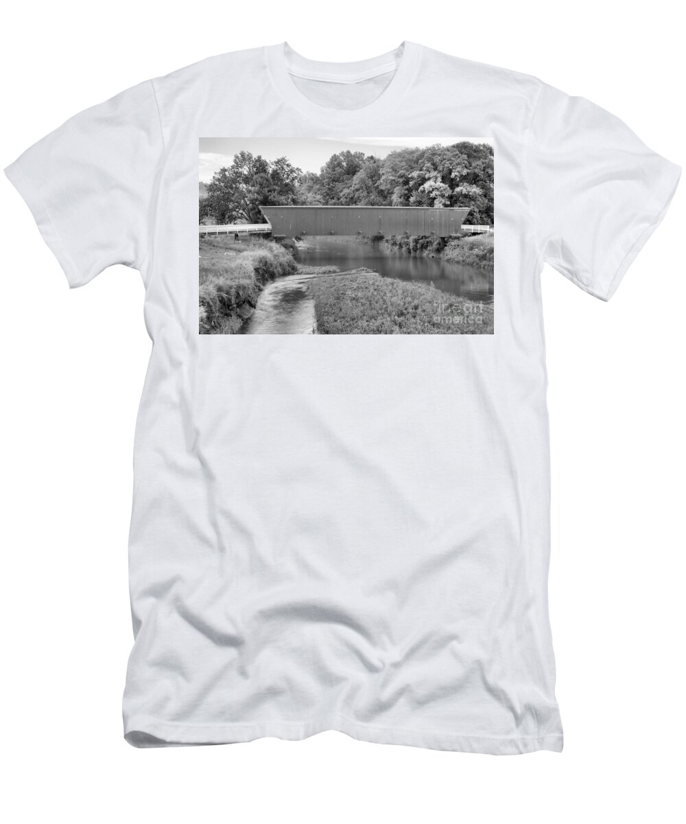 Hogback Covered Bridge T-Shirt featuring the photograph Streams Under The Hogback Covered Bridge Black And White by Adam Jewell