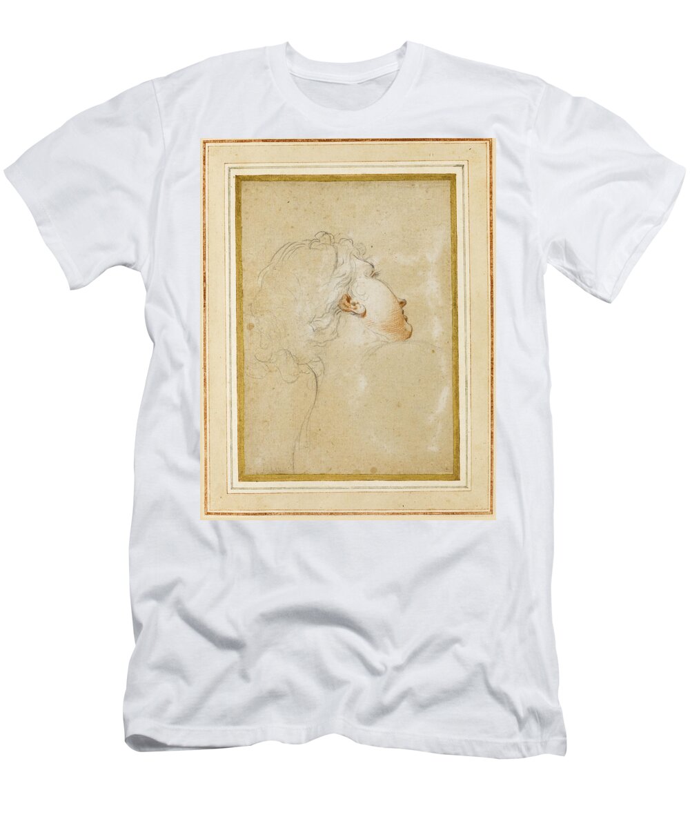 Attributed To Antonio Domenico Gabbiani T-Shirt featuring the drawing Study of a young woman's head and shoulders seen from behind her face partly in profile by Attributed to Antonio Domenico Gabbiani