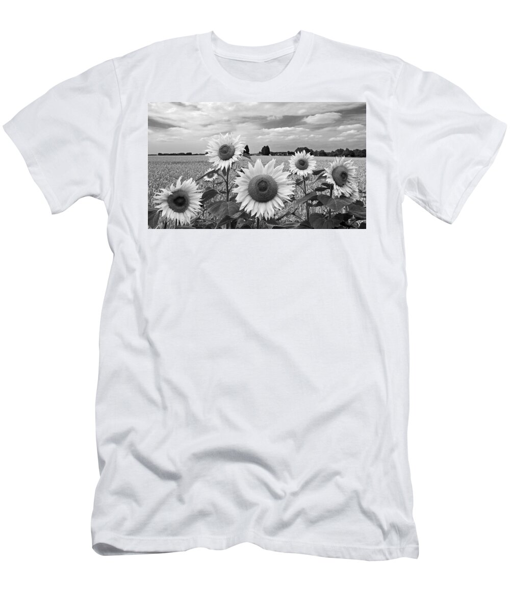 Black And White Sunflowers T-Shirt featuring the photograph Sumertime On The Farm In Black And White by Gill Billington