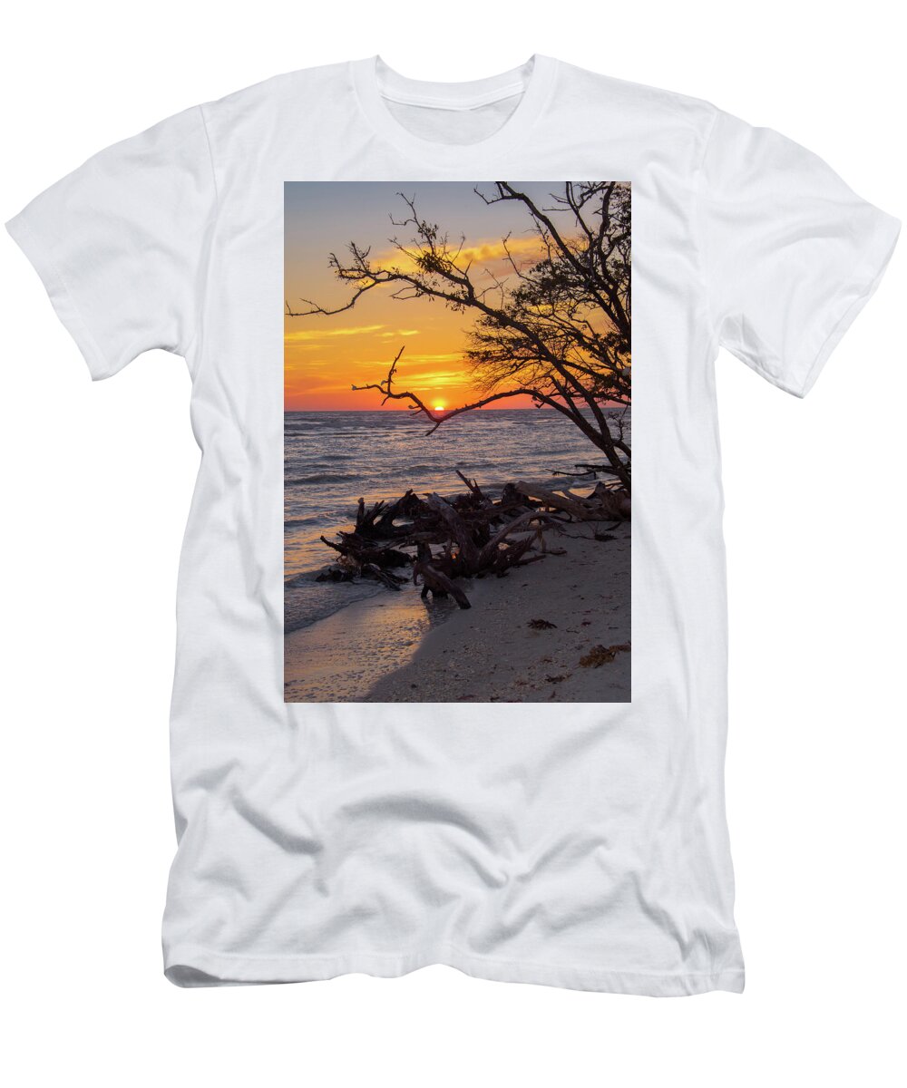 Sunset T-Shirt featuring the photograph Sunset Cradled by a Tree on Barefoot Beach Florida by Artful Imagery