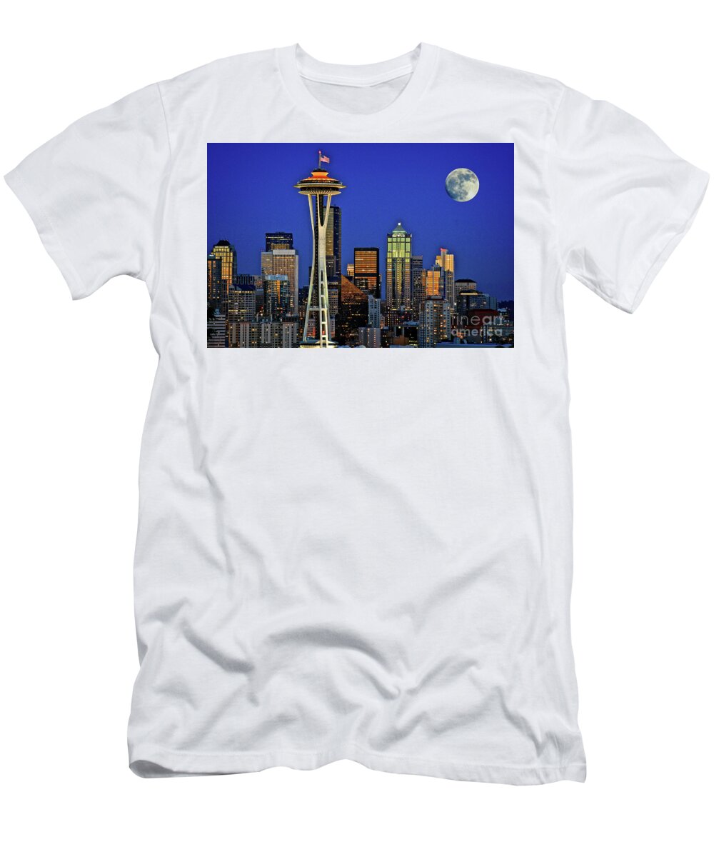 Seattle Skyline T-Shirt featuring the photograph Super Moon Over Seattle by Sal Ahmed