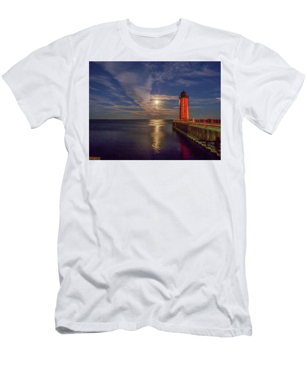 Llake Michigan T-Shirt featuring the photograph Supermoon over the red lighthouse by Kristine Hinrichs