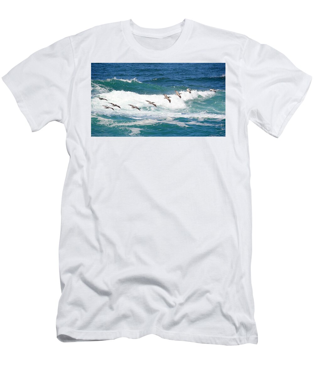 Birds T-Shirt featuring the photograph Surf and Pelicans by AJ Schibig