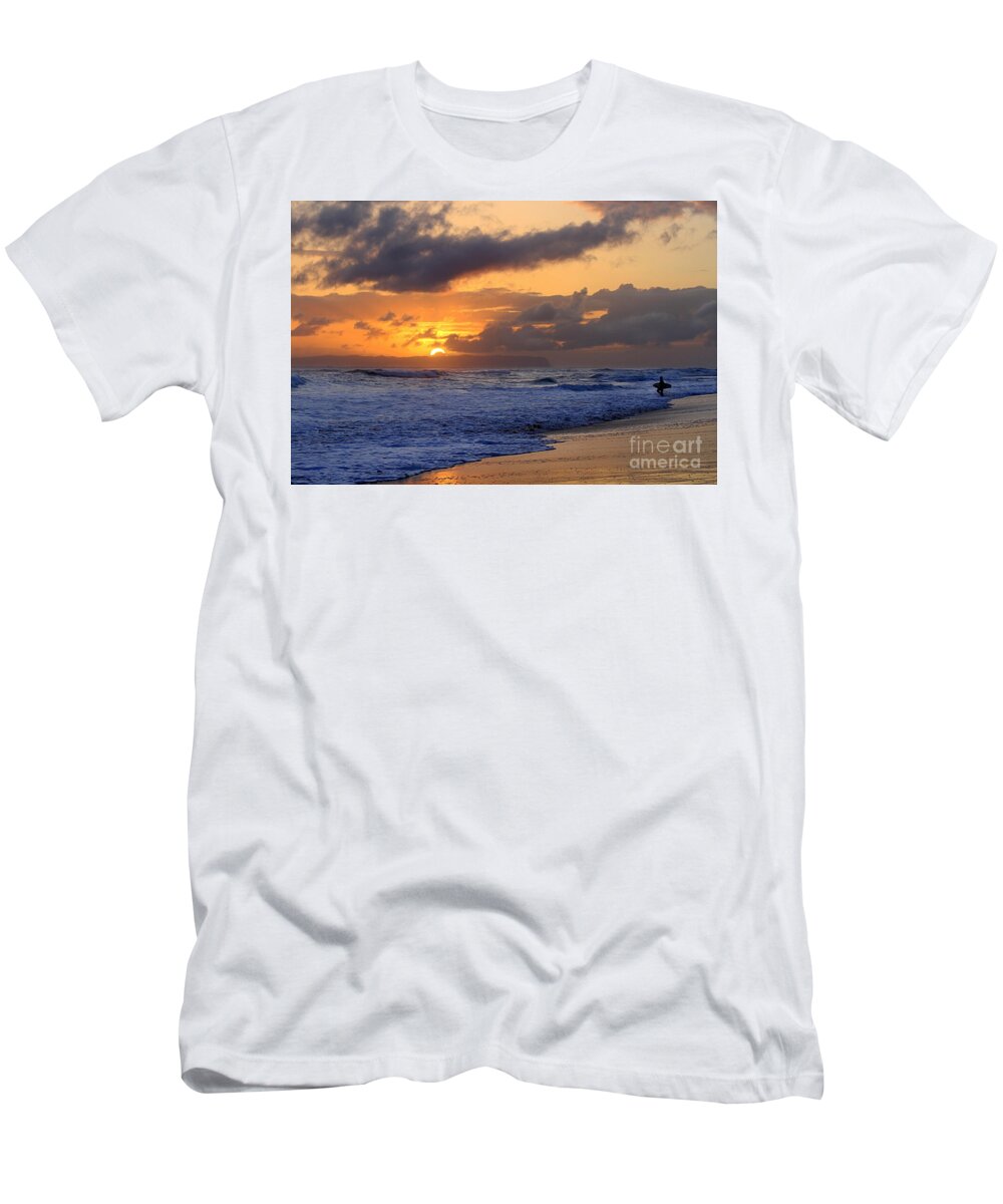Kauai T-Shirt featuring the photograph Surfer at Sunset on Kauai Beach With Niihau on Horizon by Catherine Sherman
