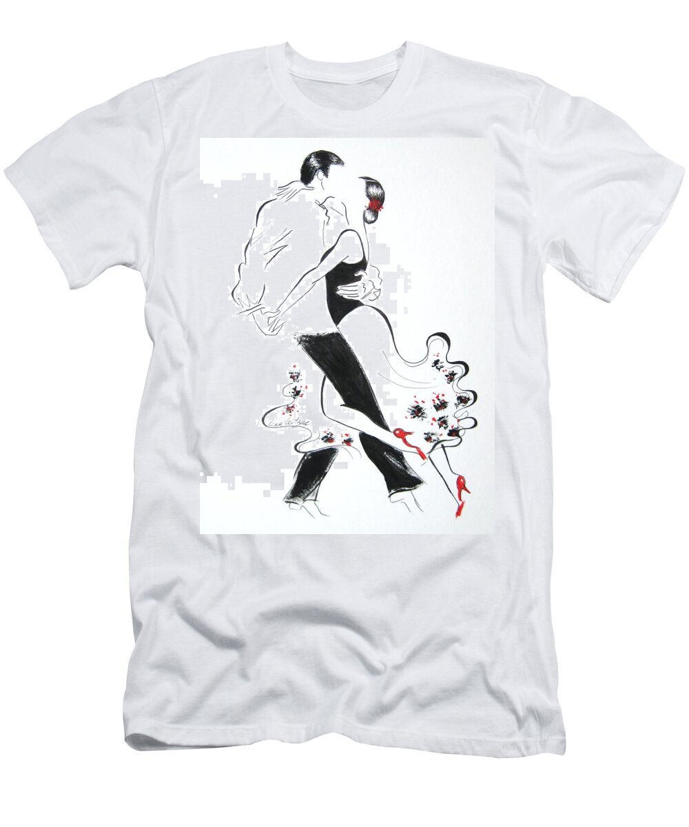 Tango Couple Romance Love Passion Black And White Flowers Red Shoes Sensual Dance Love Forever T-Shirt featuring the painting Tango 6 by Lena Leitzke