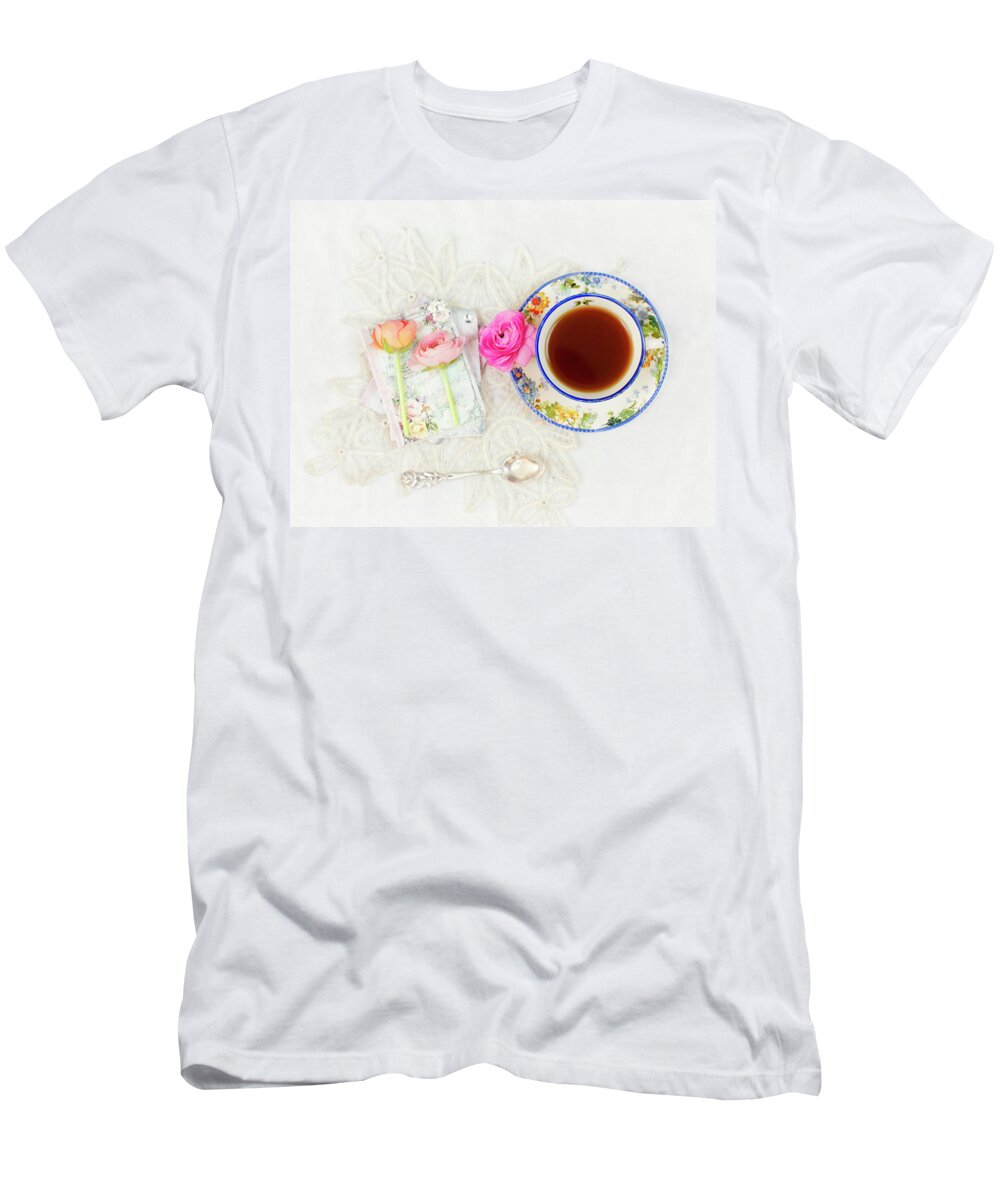 Tea T-Shirt featuring the photograph Tea and Journals with Ranunculus by Susan Gary