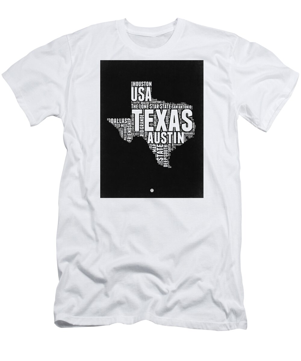  T-Shirt featuring the digital art Texas Word Cloud Black and White Map by Naxart Studio