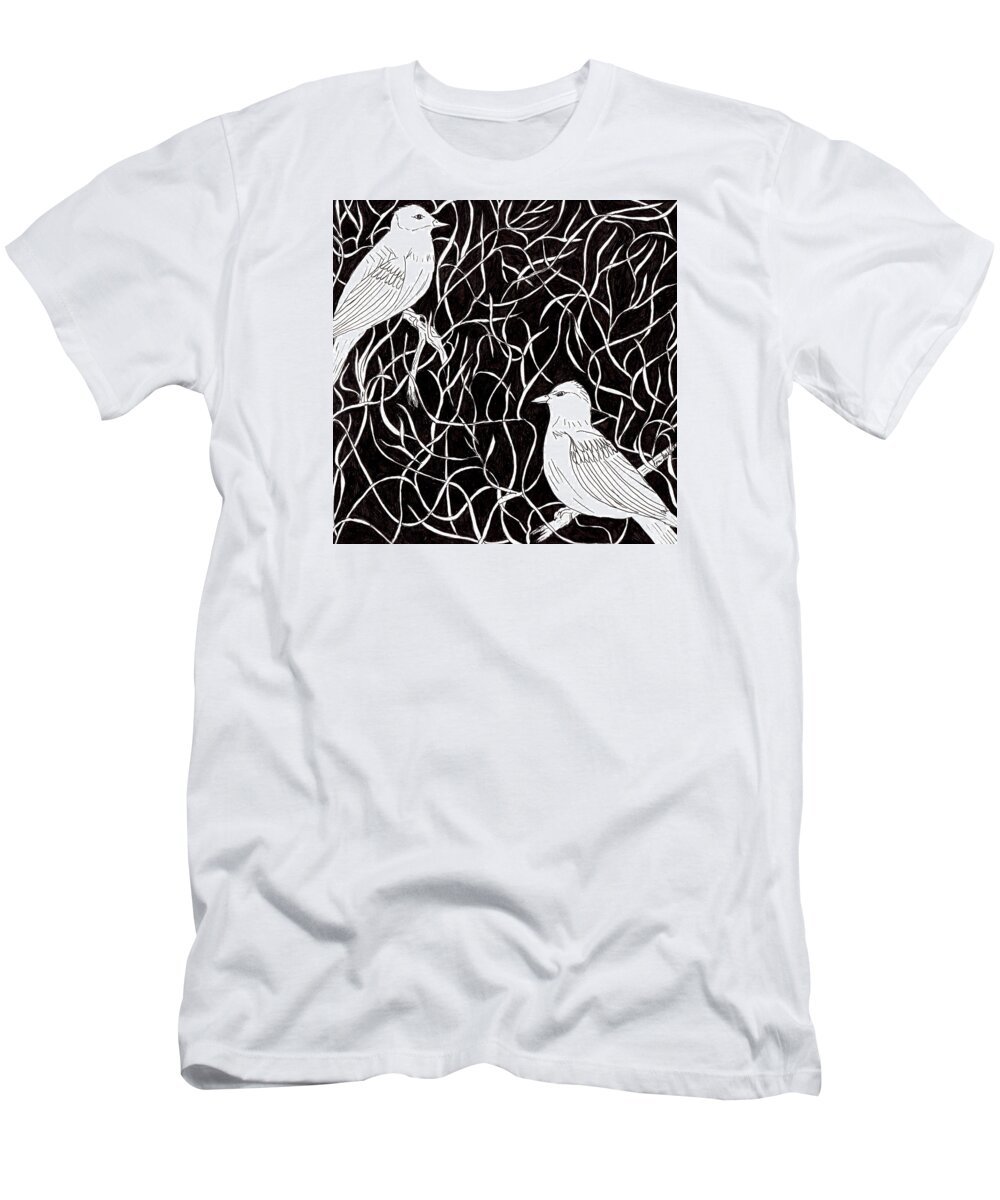 Bird T-Shirt featuring the drawing The Birds by Lou Belcher