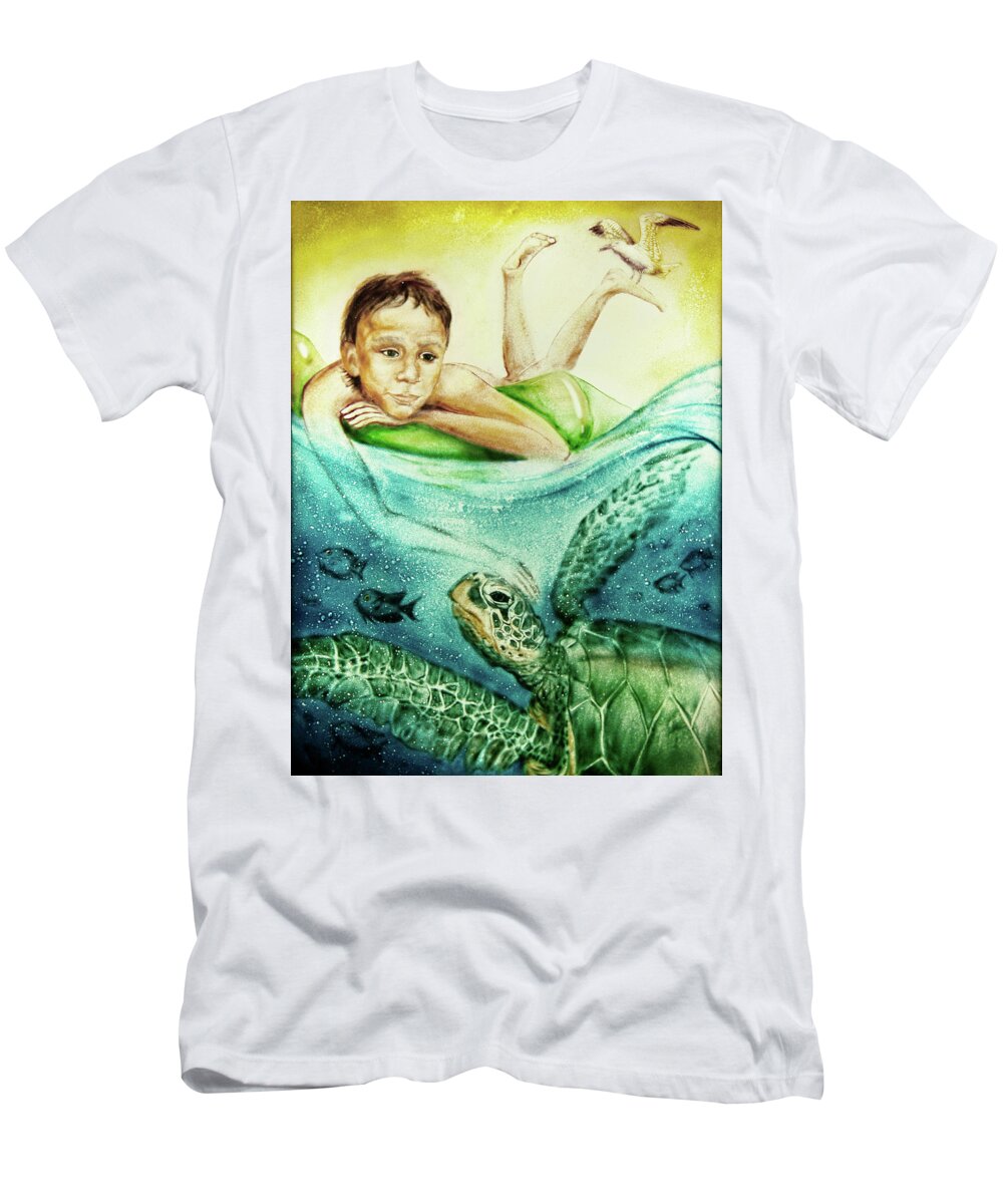 Russian Artists New Wave T-Shirt featuring the painting The Boy and the Turtle by Elena Vedernikova