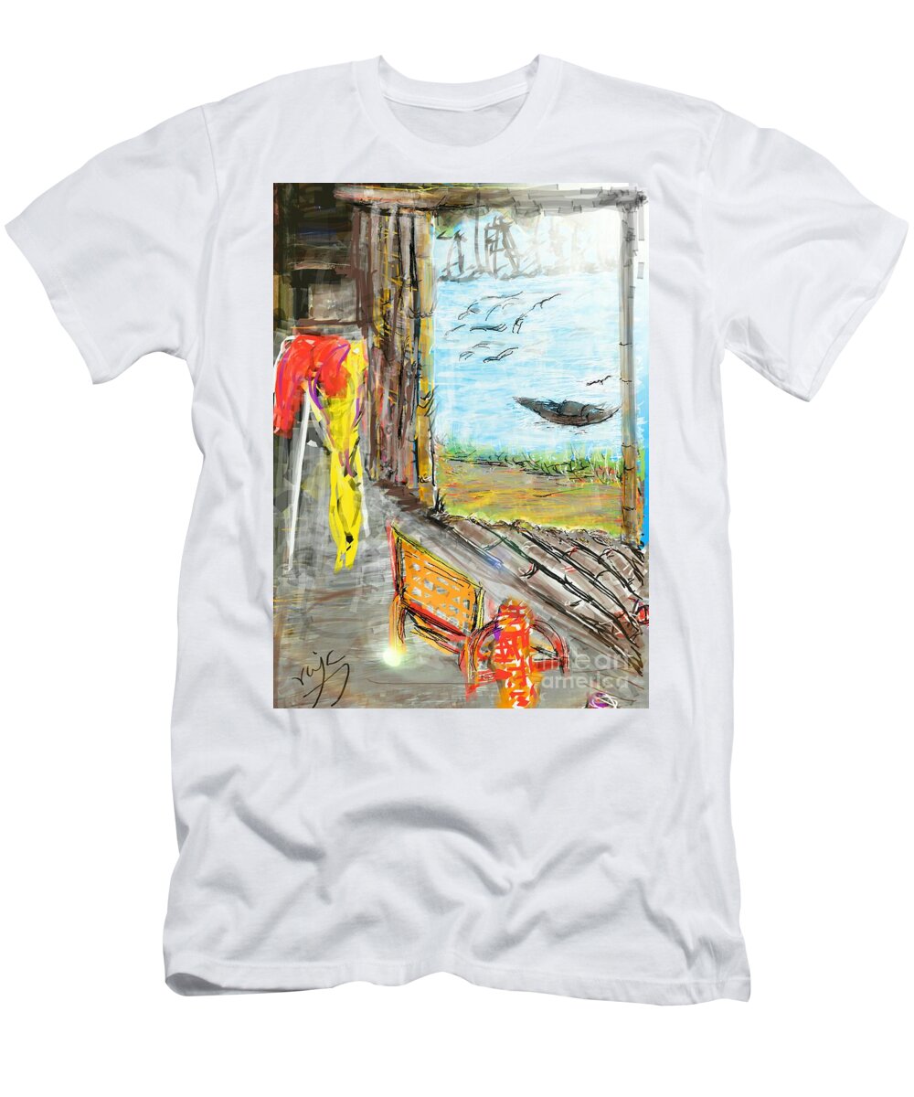 Landscape T-Shirt featuring the digital art The cottage by the river by Subrata Bose