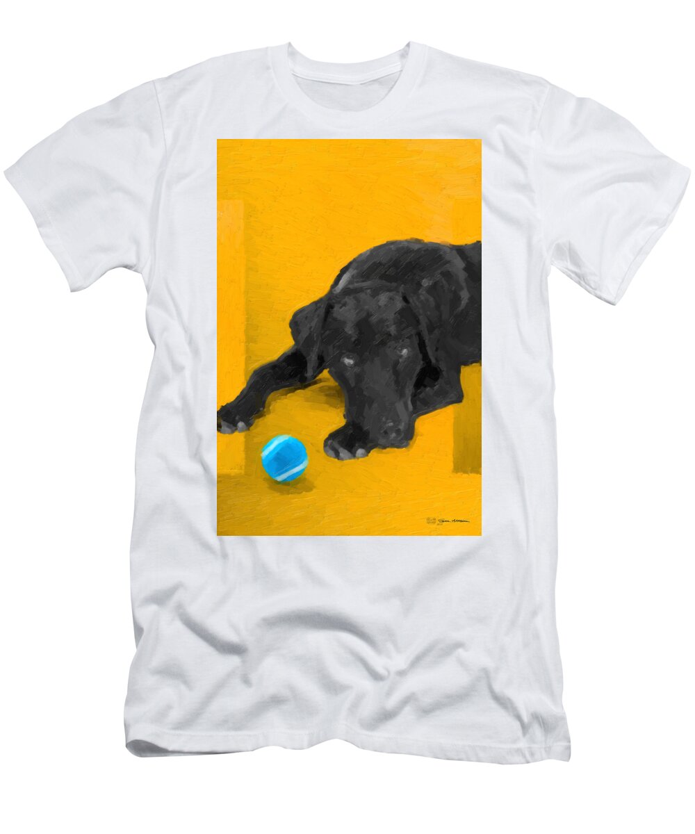 ‘the Dog Park’ Collection By Serge Averbukh T-Shirt featuring the digital art The Dog Park - Black Labrador Retriever over Yellow Canvas by Serge Averbukh