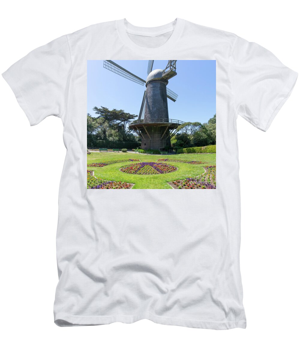Wingsdomain T-Shirt featuring the photograph The Dutch Windmill San Francisco Golden Gate Park San Francisco California DSC6361 square by San Francisco